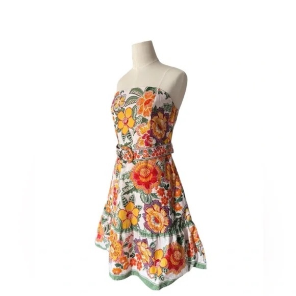 Joie Strapless Floral Dress – Boho Summer Sundress – Belted Fit & Flare - Picture 5 of 6